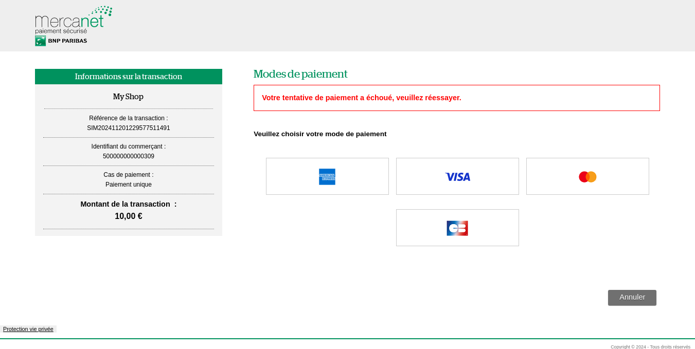 image avec le message : votre tentative de paiement a échoué, veuillez réessayer
