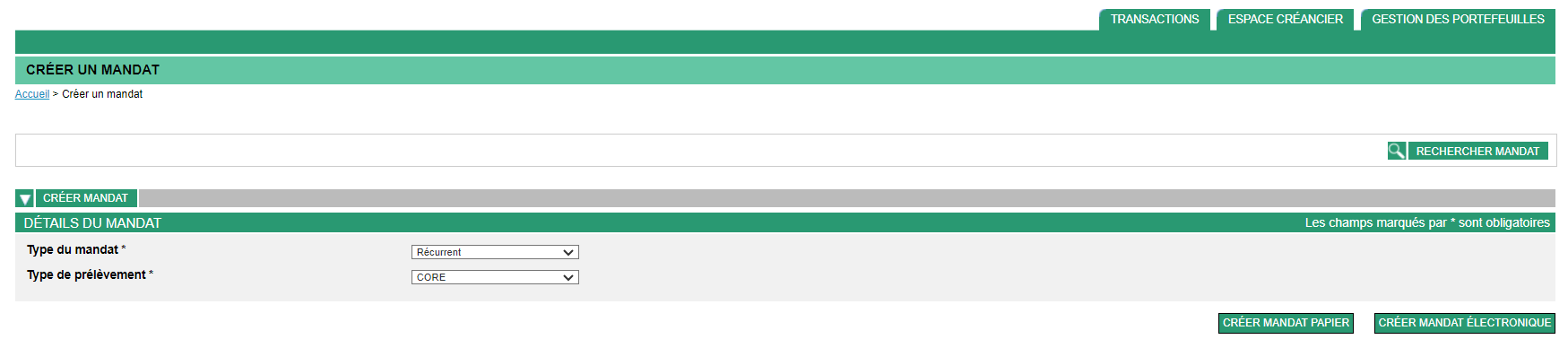 page de création d'un mandat
